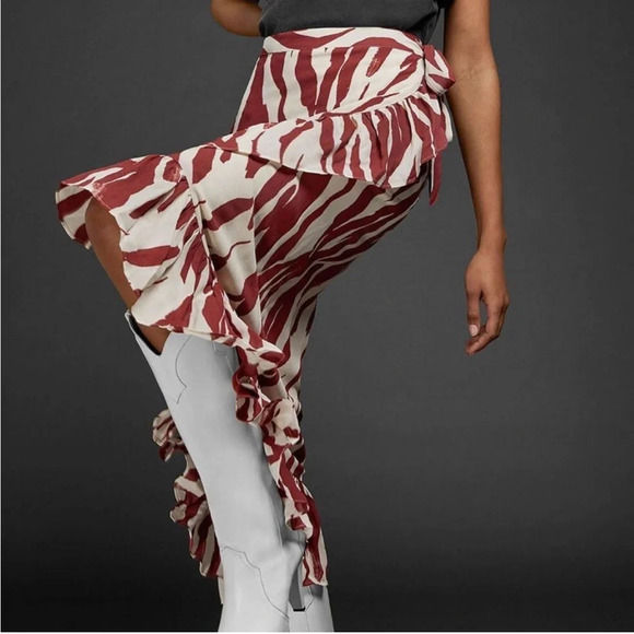 ANINE BING Lucky Wrap Ruffle Midi Skirt in Zebra Print Red S - Picture 1 of 16